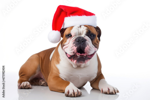 Happy American bulldog puppy wearing santa hat isolated on white background.  © Generative ART