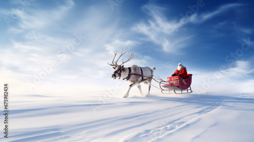 santa claus on a sled with a single reindeer  photo