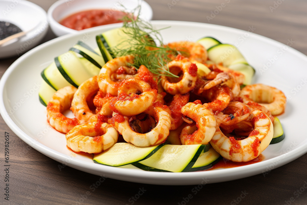 Broiled calamari and zucchini on the plate, restaurant menu dish. Broiled calamari and zucchini on the plate, restaurant menu dish.