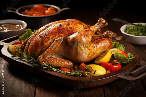 Whole baked roasted chicken with vegetables on a wooden table.