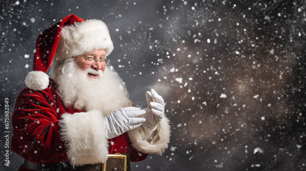Close up portrait of santa clause with white beard and snow falling Close up portrait of santa clause with white beard and snow falling