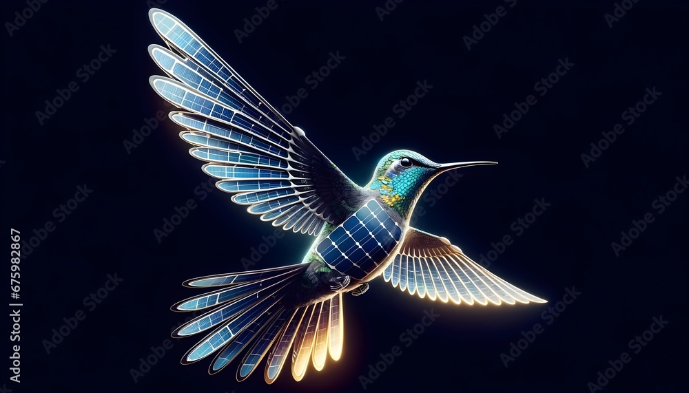 Obraz premium Illuminated Solar Panel Wings on Hummingbird in Flight