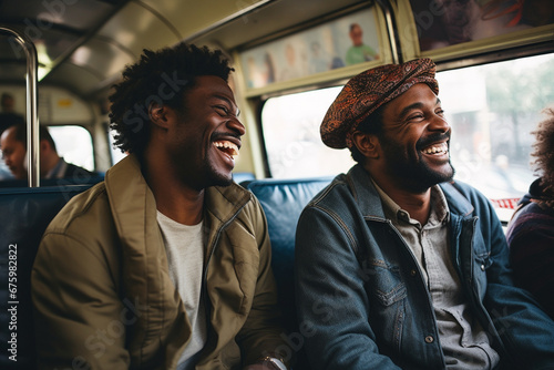 Two African American friends are happy to meet and laugh and talk while riding the bus. AI generated.