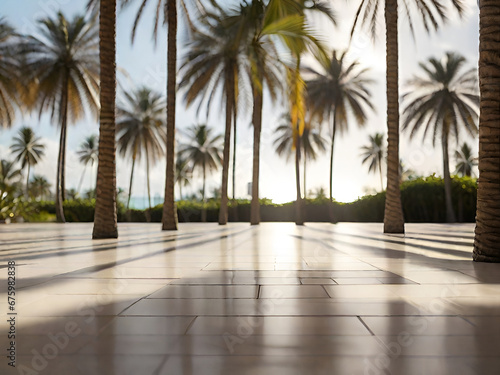 Floor and background of palm trees have light shadows.