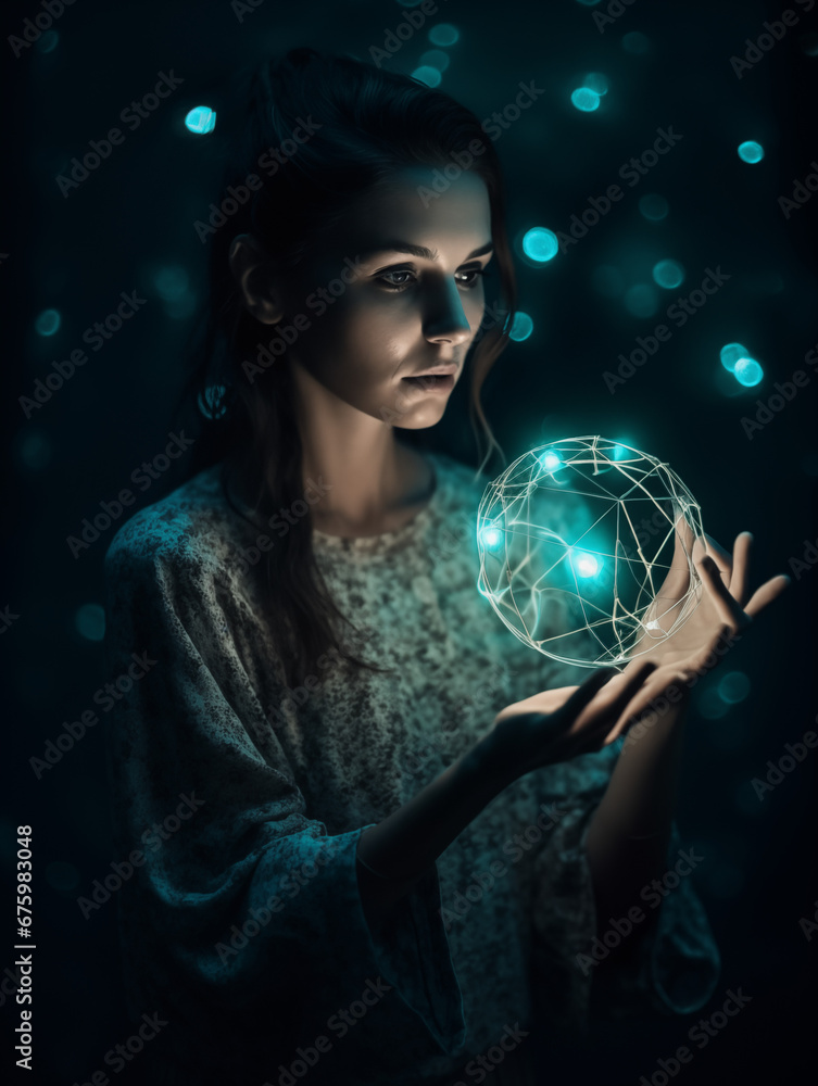 Naklejka premium woman with magical light ball, light painting fantasy, spheric network, ai generated 
