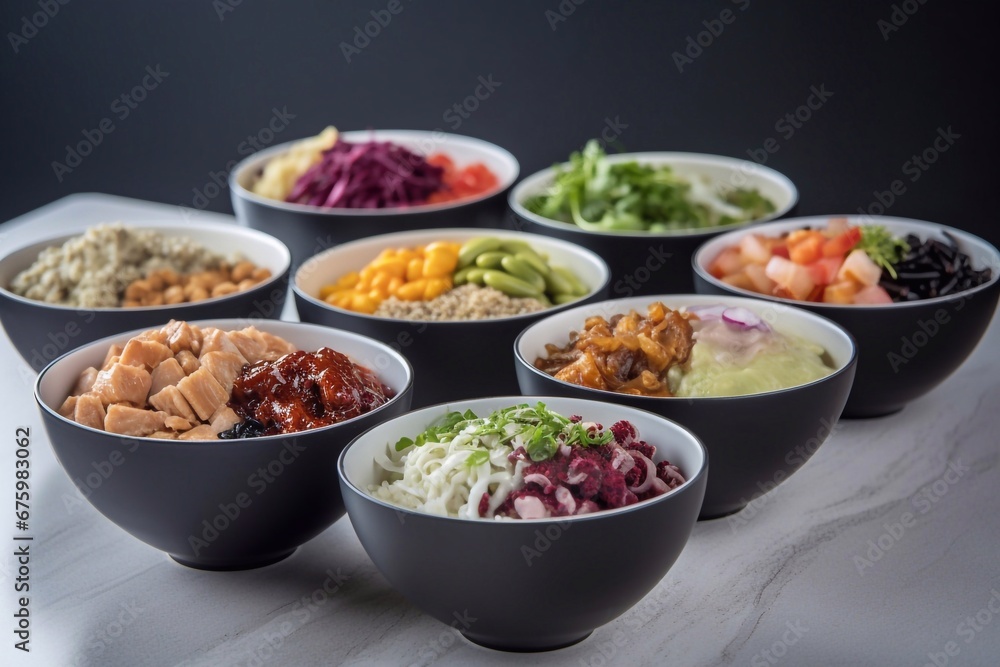 Hawaiian poke bowl set: tuna, salmon, shrimp with avocado, mango, radish, rice and other ingredients. Soy sauce and sesame dressing. White table background, top view banner, Generative AI.