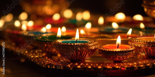 Colourful Candles Lighting In Golden Candle Holders Create A Divali Holiday Atmosphere, generative ai © Alla