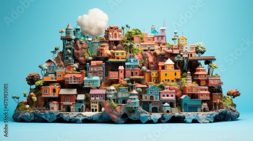  a model of a city on top of a hill with trees and buildings on top of it and a cloud in the sky. 