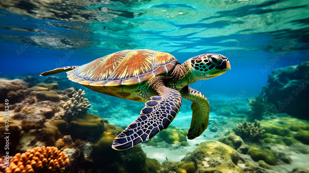 Hawaiian Green Sea Turtle (Chelonia mydas) swimming underwater.
