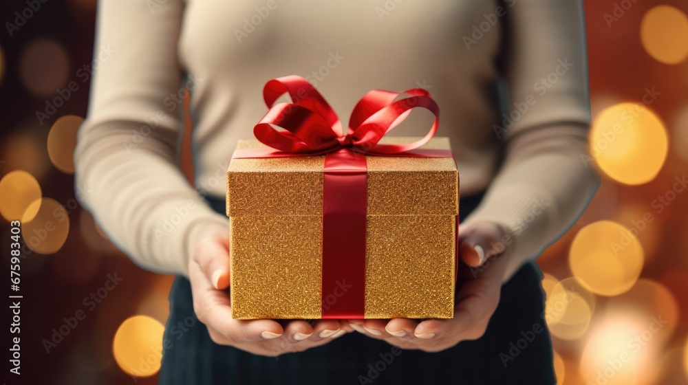 a person holding a gold gift box with a red ribbon on it's top and a red bow on the top of the box. generative ai a person holding a gold gift box with a red ribbon on it's top and a red bow on the top of the box. generative ai
