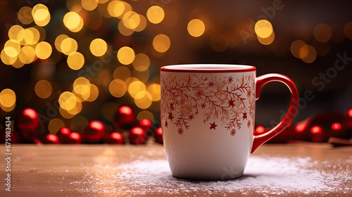  a red and white coffee cup sitting on top of a wooden table next to a christmas tree with lights in the background.  generative ai