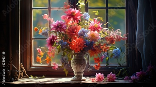  a vase filled with lots of colorful flowers sitting on top of a window sill next to a window sill.  generative ai photo