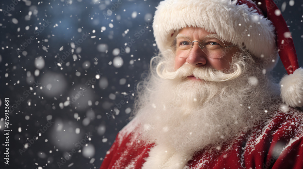 Close up portrait of santa clause with white beard and snow falling Close up portrait of santa clause with white beard and snow falling