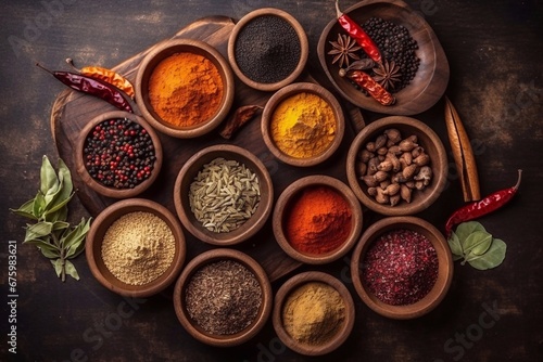 A set of spices and herbs. Indian cuisine. Pepper, salt, paprika, basil, turmeric. On a black wooden chalkboard. Top view. Free copy space. Generative AI