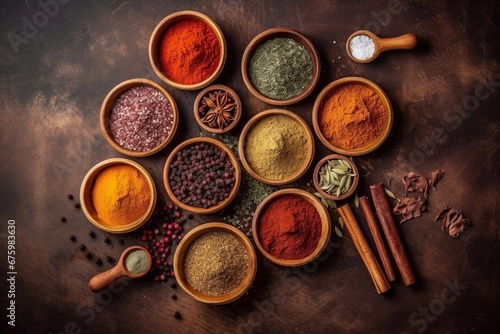 A set of spices and herbs. Indian cuisine. Pepper, salt, paprika, basil, turmeric. On a black wooden chalkboard. Top view. Free copy space.