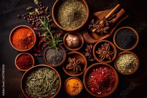 Indian ethnic food buffet on white concrete table from above: curry, samosa, rice biryani, dal, paneer, chapatti, naan, chicken tikka masala, mango lassi, dishes of India for dinner background. Genera