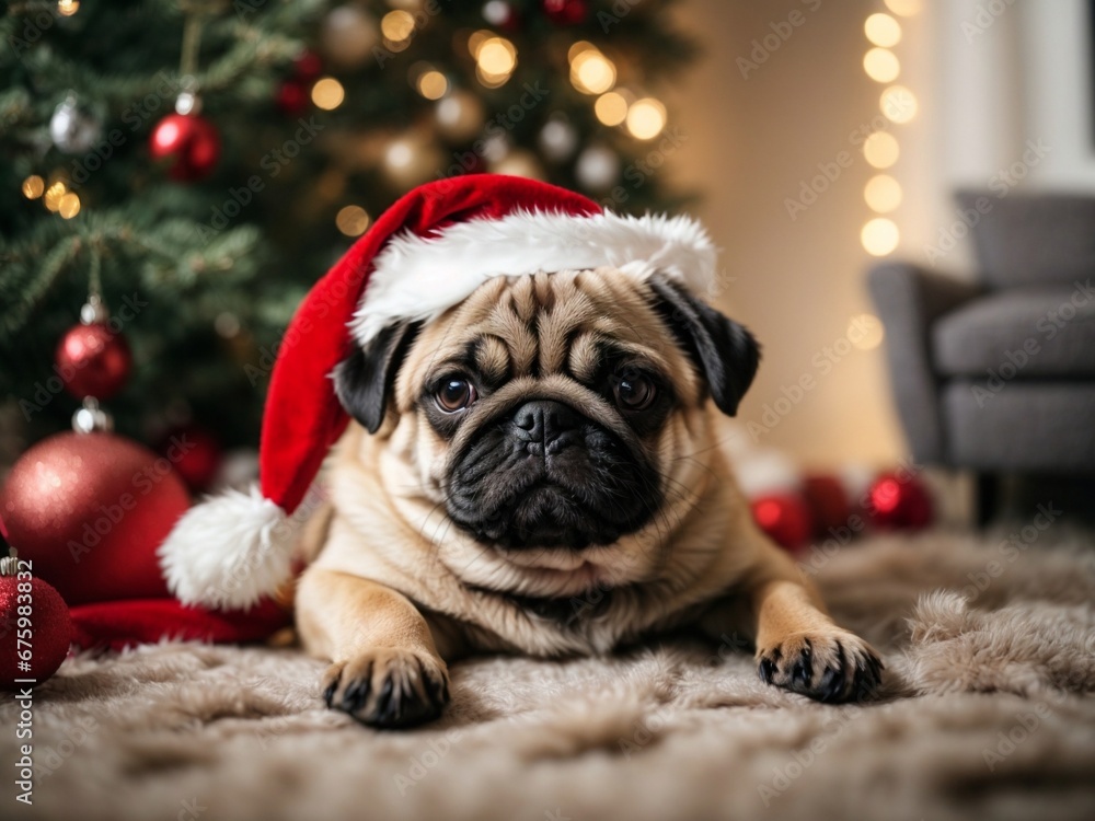 Cute puppy pug wearing Santa Claus red hat sits on the floor under the Christmas tree. Happy New Year decoration around. New Year card