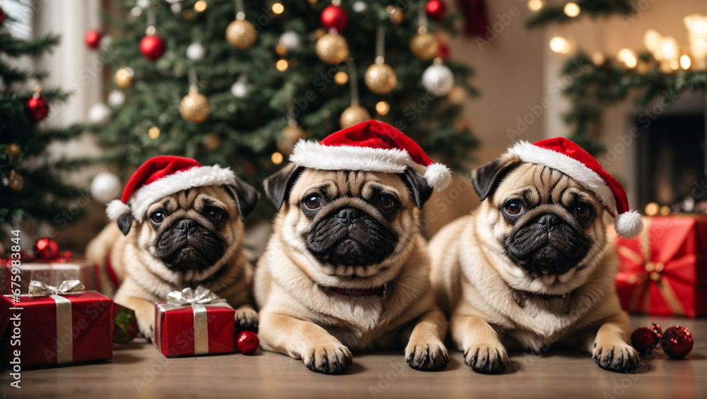 Cute puppies pug wearing Santa Claus red hat under the Christmas tree. Merry Christmas and Happy New Year decoration around (balls, toys and gift boxes). New Year card Cute puppies pug wearing Santa Claus red hat under the Christmas tree. Merry Christmas and Happy New Year decoration around (balls, toys and gift boxes). New Year card