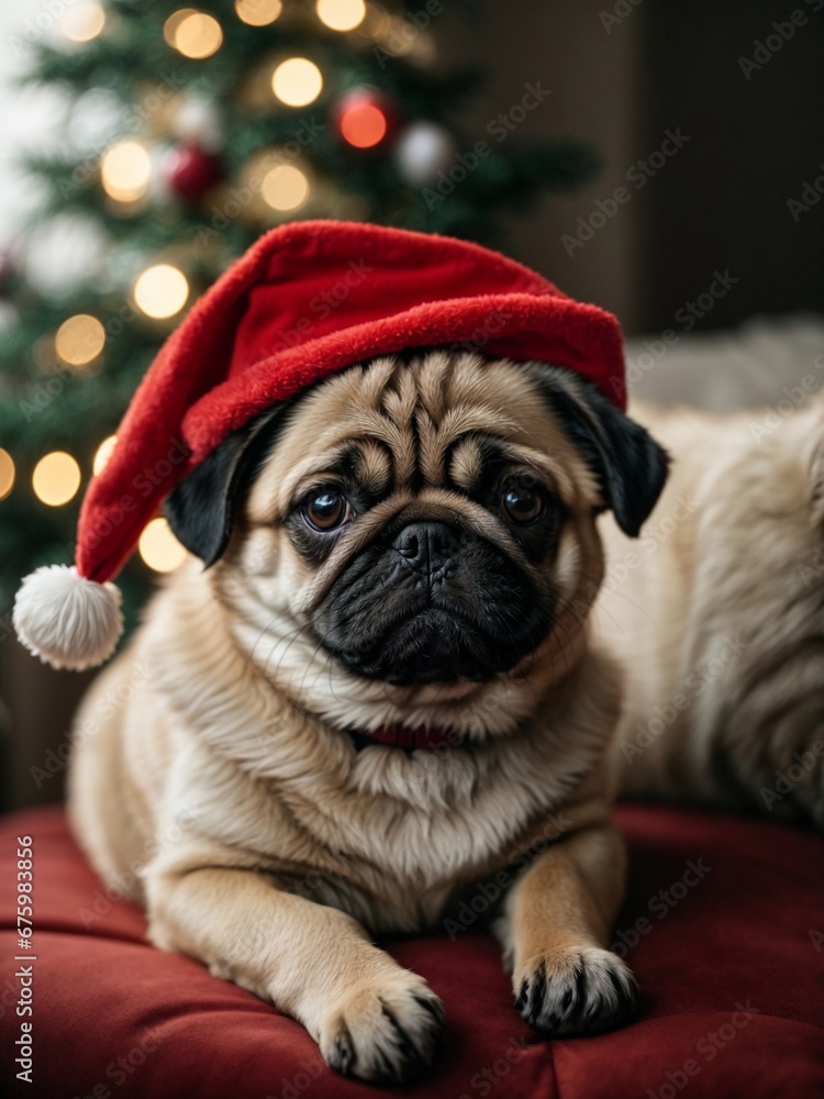 Cute puppy pug wearing Santa Claus red hat sits on the sofa. Merry Christmas and Happy New Year decoration around. New Year card