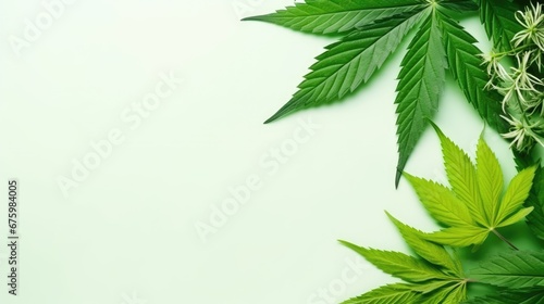 Cannabis leaves background. Hemp plant green leaf close-up. Growing organic cannabis herb plantation on the farm. Marijuana cultivation, alternative medicine concept.