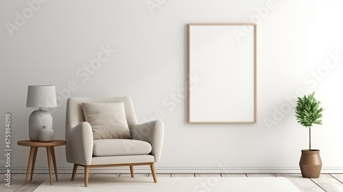 Minimalist composition of elegant living room space with white boucle armchair, photos mock up frames, carpet, coffee table, lamp, decoration and personal accessories. Copy space. © kashif 2158