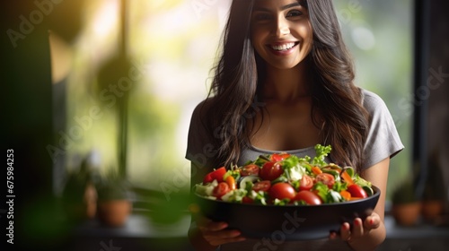 Woman holding vegan salad with many vegetables. Veganuary, Healthy lifestyle concept. lady Portrait with healthy fresh vegetarian salad..