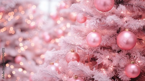 Pinkmas concept. Pink Christmas tree branches decorated with ornaments in pink color. Merry Xmas  Happy New Year 2024 in trendy colors. Vibrant colorful background for cards  invitations  greetings.