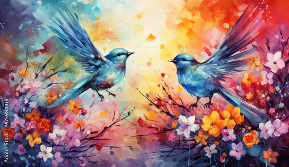 Painted Serenade: Two Birds in Flight Amidst a Tapestry of Colourful Blooms. A colourful watercolour painting of two birds in flight. Painted Serenade: Two Birds in Flight Amidst a Tapestry of Colourful Blooms. A colourful watercolour painting of two birds in flight.