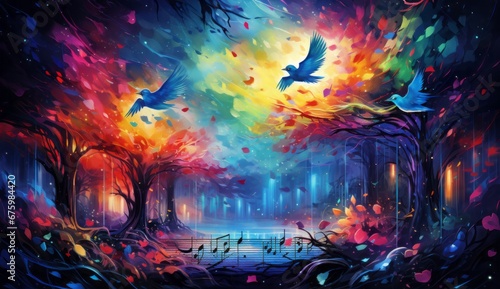 Birds Soaring in Majestic Flight Above Lush  Serene Forest Landscape with Melodic Music Notes in the Foreground. A colourful watercolour painting of birds flying over a forest