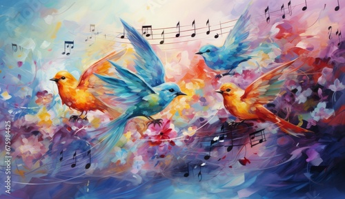 A Symphony of Birds: A Colorful Painting with Melodic Music Notes in the Background. A painting of birds with music notes in the background photo