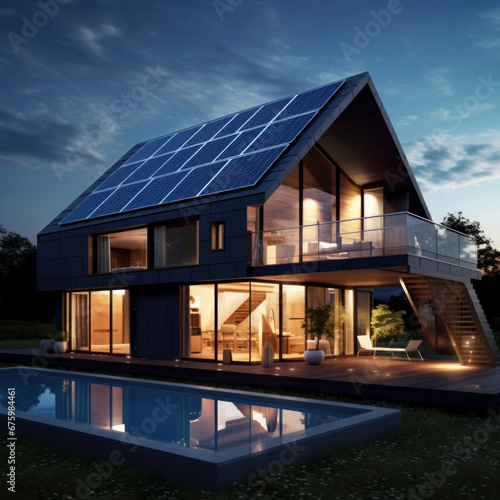 Eco-Friendly Living: Solar Panels on a Modern House. Ai generative © tope007