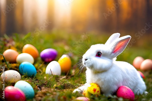 A white bunny with multicolor Easter eggs, autumn forest, blur meadow flower field background © totojang1977