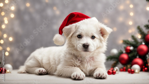 Cute white puppy wearing Santa Claus red hat near the Christmas tree. Merry Christmas and Happy New Year decoration around (balls, toys and gifts). New Year postcard © Roman Samokhin