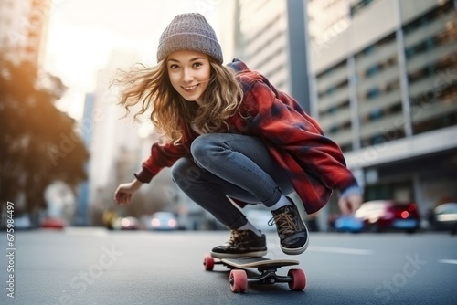 young american woman playing skateboard in the city