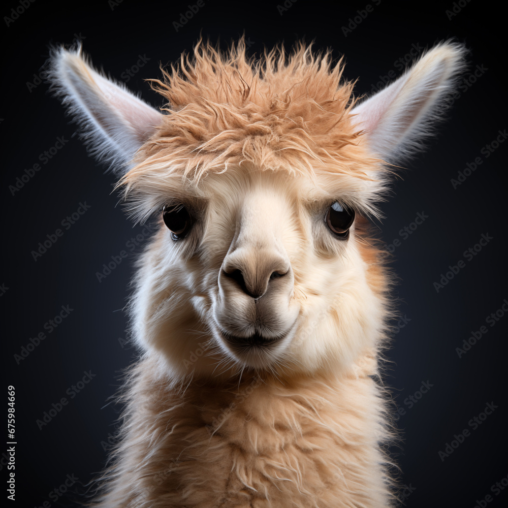 Obraz premium Close-up portrait of llama on minimalistic background. Studio shot. AI generated content.