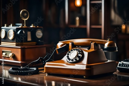 Old Style Photo. Vintage Telephone and Radio on the table