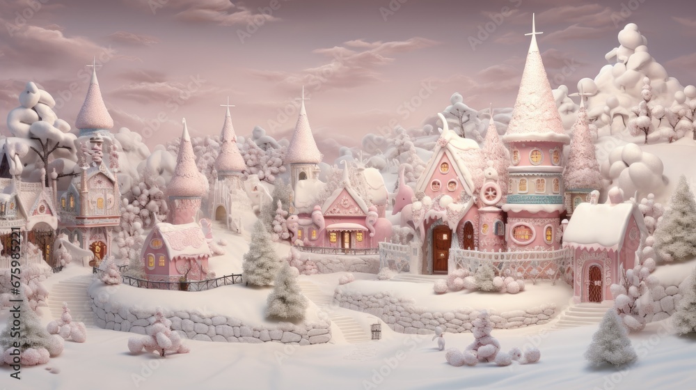 Obraz premium Festive Christmas Candy and Gingerbread Cottages in Artificial Snow