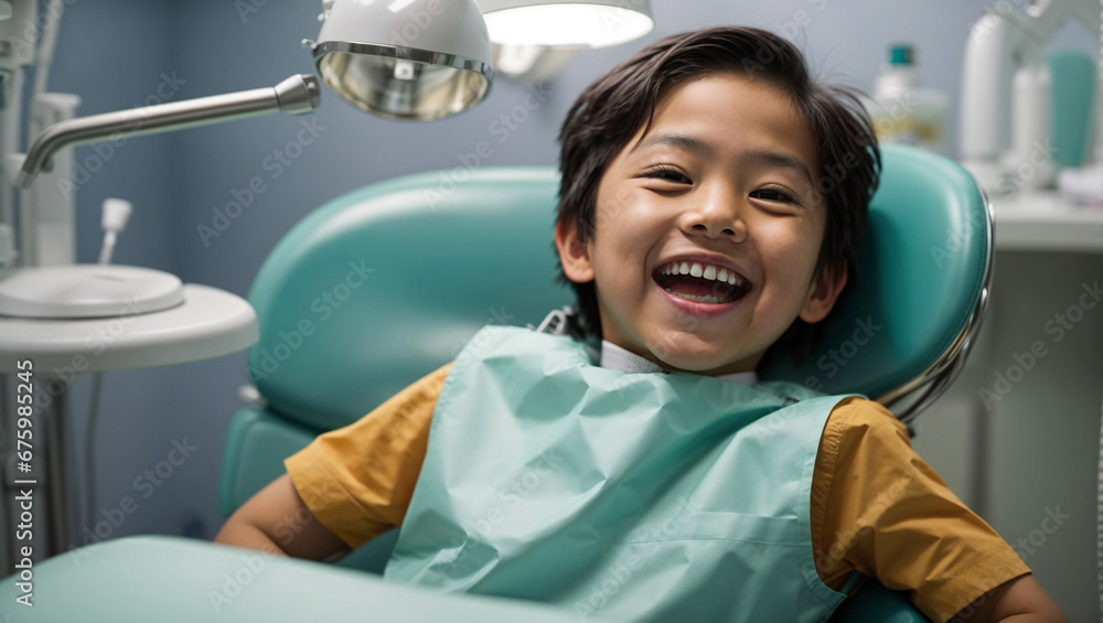 A smiling young asian boy in a dental chair. Examination by a dentist. A smiling young asian boy in a dental chair. Examination by a dentist.