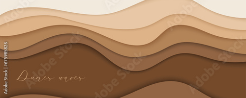 Desert waves, sand dunes paper art banner, poster template. Nude beige waves papercut style. Vector illustration EPS 10.