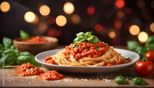 Fettuccine al Pomodoro: classical Italian dish, tomato and basil sauce, with the marinara sauce being liquidy and chunky, on the wooden table, Bokeh lights background