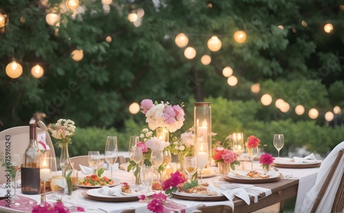 New year celebration family lunch table with chairs outdoor, wine glasses, dishes,  flowers, lamps, bokeh background
