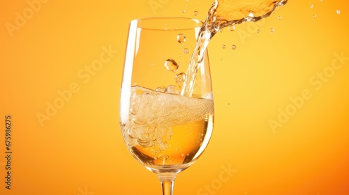  a close up of a wine glass with a liquid splashing out of it on a yellow and orange background. generative ai