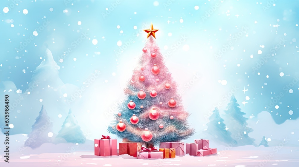  a christmas tree with presents in front of it and a star on top of the top of the christmas tree.  generative ai