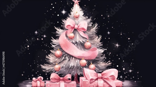  a painting of a christmas tree with pink bows and a pink ribbon on top of it and presents under the tree.  generative ai