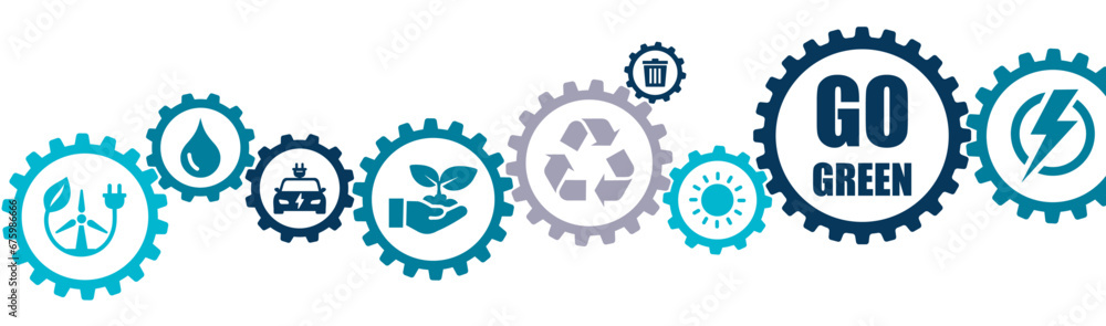 Go green ecology banner vector illustration with the icons of ecological, earth planet, saving energy, alternative energy, water, reusing, recycling, environment, protection, drop on white background