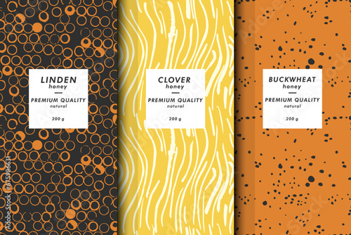 Vector illustration set of templates contemporary abstract cover and patterns for honey packaging with labels. Minimal modern backgrounds