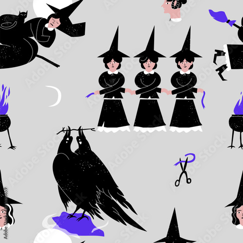 Vector illustration of witches silhouettes in different poses and doing mystical magic rites, black cat and raven. Halloween seamless pattern