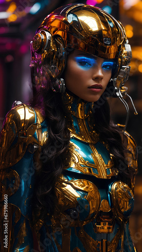Woman adorned in a detailed golden and turquoise robotic suit with a matching helmet, embodying futuristic fashion.