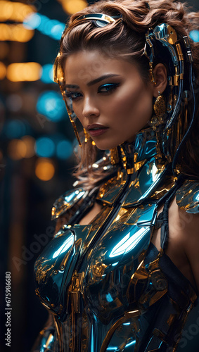 Portrait of a woman with a sophisticated golden and blue cyborg suit, her gaze intense and futuristic.