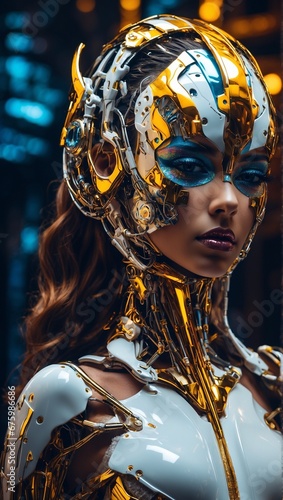 A sophisticated robot with a glossy gold framework and shimmering blue eye makeup exudes a blend of high-tech and high-fashion.